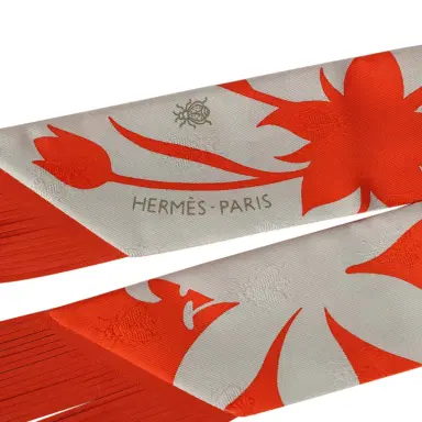 HERMÈS Hermes "Bouquet Final" Gris Perle and Vermillon Fringe Silk Twilly | Thumbnail 3 HERMÈS Hermes "Bouquet Final" Gris Perle and Vermillon Fringe Silk Twilly | Thumbnail 3
