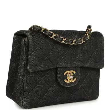 Chanel Vintage Chanel Mini Square Flap Bag Black Denim Gold Hardware | Thumbnail 1 Chanel Vintage Chanel Mini Square Flap Bag Black Denim Gold Hardware | Thumbnail 1