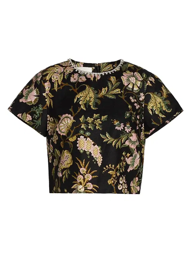 Women's Hudson Floral Embellished Linen Crop Top - Clover Black