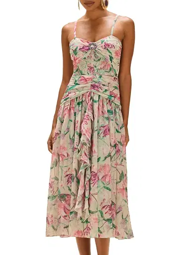 PatBo Women's Honey Flower Chiffon Midi-Dress - Green - Size 8 | Thumbnail 3