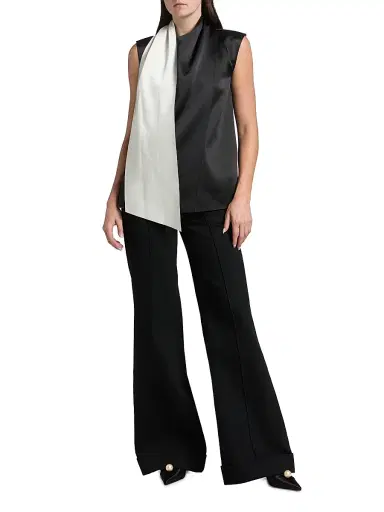 Adam Lippes Women's Bi-Color Satin Scarfneck Blouse - Black Ivory - Size 10 | Thumbnail 2