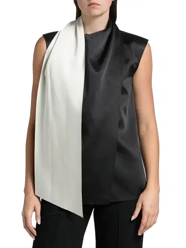 Adam Lippes Women's Bi-Color Satin Scarfneck Blouse - Black Ivory - Size 10 | Thumbnail 3