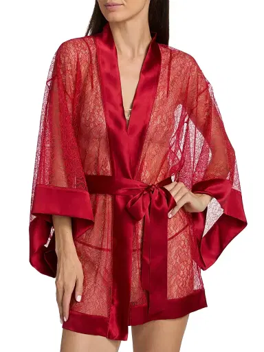 Kiki de Montparnasse Women's Petite Fleur Silk Lace Kimono-Style Robe - Red - Size Large | Thumbnail 3 Kiki de Montparnasse Women's Petite Fleur Silk Lace Kimono-Style Robe - Red - Size Large | Thumbnail 3