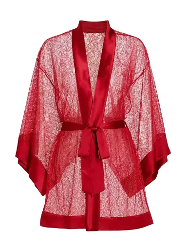 Kiki de Montparnasse Women's Petite Fleur Silk Lace Kimono-Style Robe - Red - Size Large | Thumbnail 1 Kiki de Montparnasse Women's Petite Fleur Silk Lace Kimono-Style Robe - Red - Size Large | Thumbnail 1