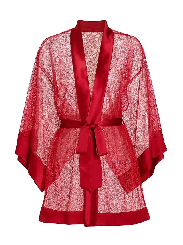 Kiki de Montparnasse Women's Petite Fleur Silk Lace Kimono-Style Robe - Red