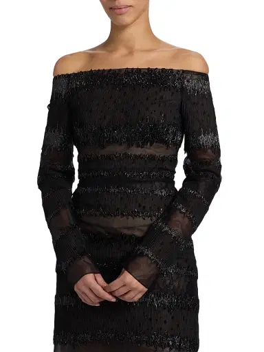 Atelier Prabal Gurung Women's Karolina Metallic Tulle Off-Shoulder Gown - Black | Thumbnail 6