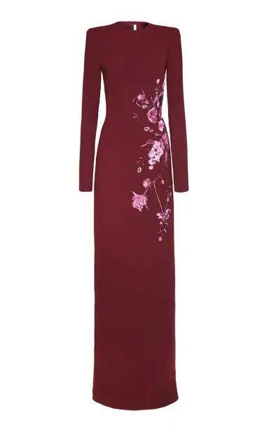 Naeem Khan Crepe Floral Applique Long Sleeve Column Dress | Thumbnail 1