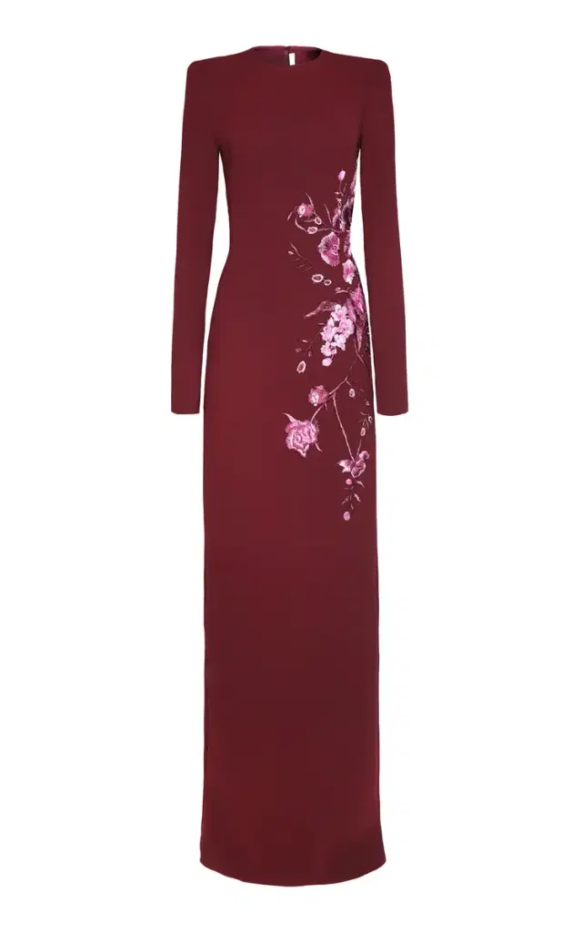 Naeem Khan Crepe Floral Applique Long Sleeve Column Dress