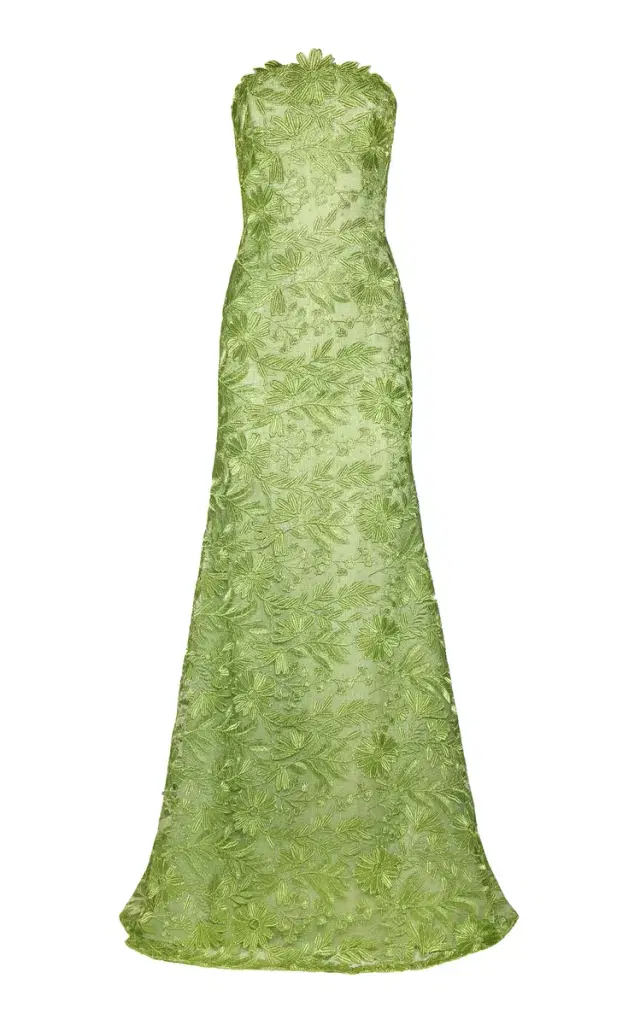 Metallic Lace Strapless Fit-And-Flare Gown Metallic Lace Strapless Fit-And-Flare Gown