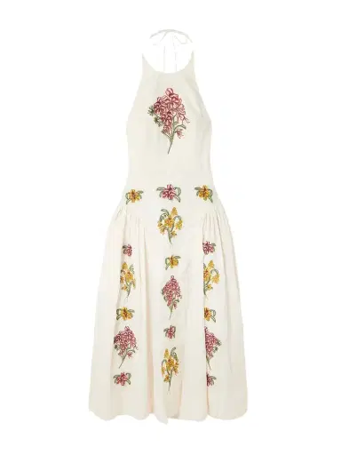 Agua by Agua Bendita Balsa Embellished Embroidered Linen Halterneck Midi Dress | Thumbnail 1 Agua by Agua Bendita Balsa Embellished Embroidered Linen Halterneck Midi Dress | Thumbnail 1