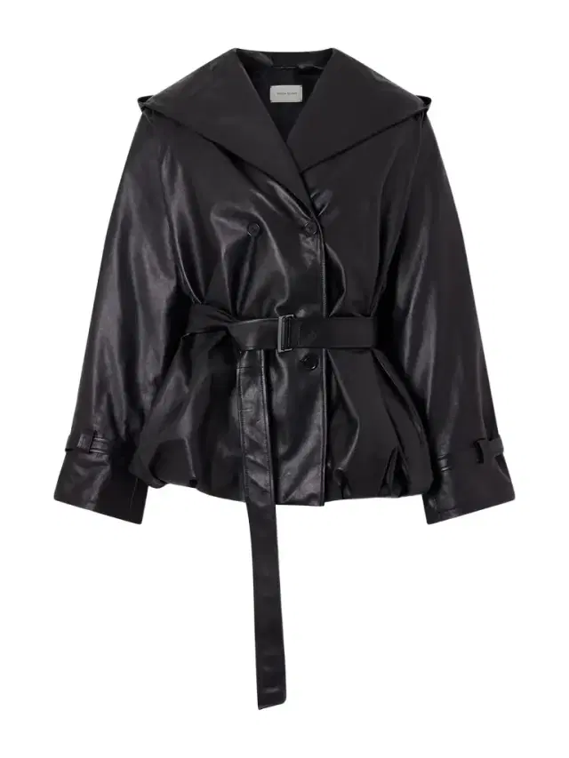 Double-breasted Belted Hooded Leather Jacket