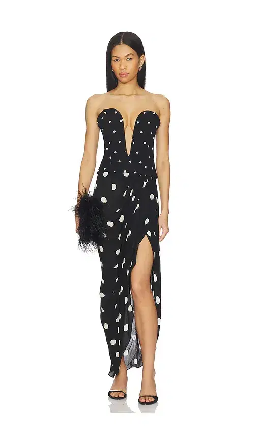 ADRIANA DEGREAS Polka Dot Strapless Midi Dress