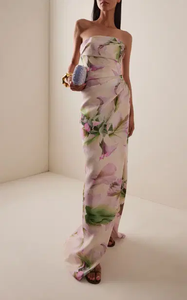 MONIQUE LHUILLIER Floral-Print Ruched Silk Gown | Thumbnail 4