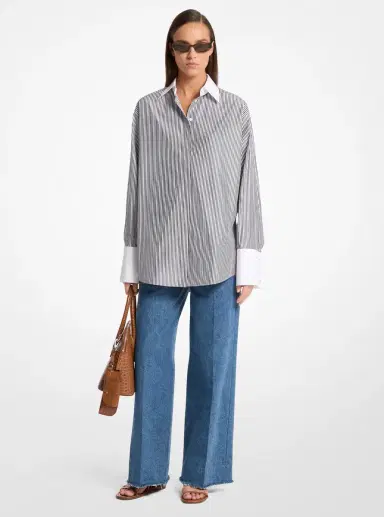 Michael Kors Collection Tyler Oversized Striped Cotton Blend Shirt in Blue | Thumbnail 4 Michael Kors Collection Tyler Oversized Striped Cotton Blend Shirt in Blue | Thumbnail 4
