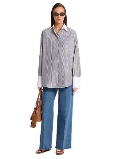 Michael Kors Collection Tyler Oversized Striped Cotton Blend Shirt in Blue | Thumbnail 1 Michael Kors Collection Tyler Oversized Striped Cotton Blend Shirt in Blue | Thumbnail 1