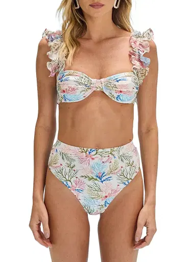 PatBo Women's Seaweed Printed Flutter Bikini Top - Off White - Size XS | Thumbnail 2