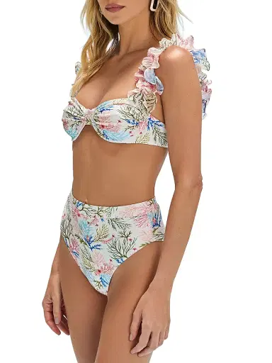 PatBo Women's Seaweed Printed Flutter Bikini Top - Off White - Size XS | Thumbnail 3