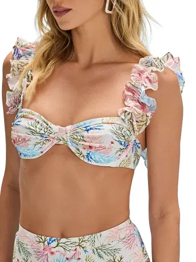 PatBo Women's Seaweed Printed Flutter Bikini Top - Off White - Size XS | Thumbnail 5