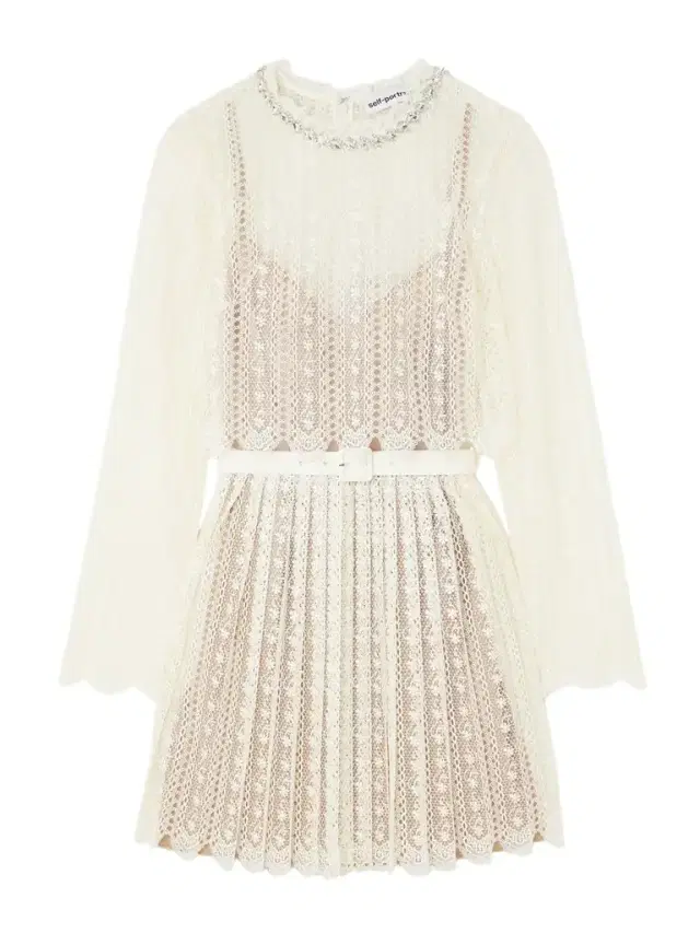 Belted Crystal-embellished Pleated Lace Mini Dress
