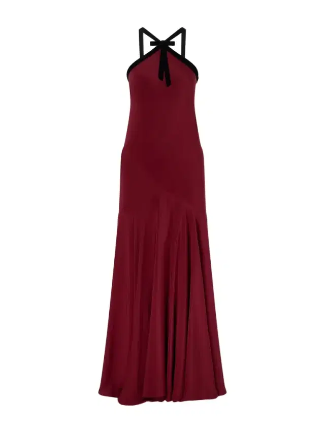 Bow-detailed Velvet-trimmed Silk-crepe Gown