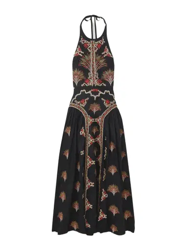 Agua by Agua Bendita Balsa Pleated Embroidered Linen Halterneck Midi Dress | Thumbnail 1 Agua by Agua Bendita Balsa Pleated Embroidered Linen Halterneck Midi Dress | Thumbnail 1