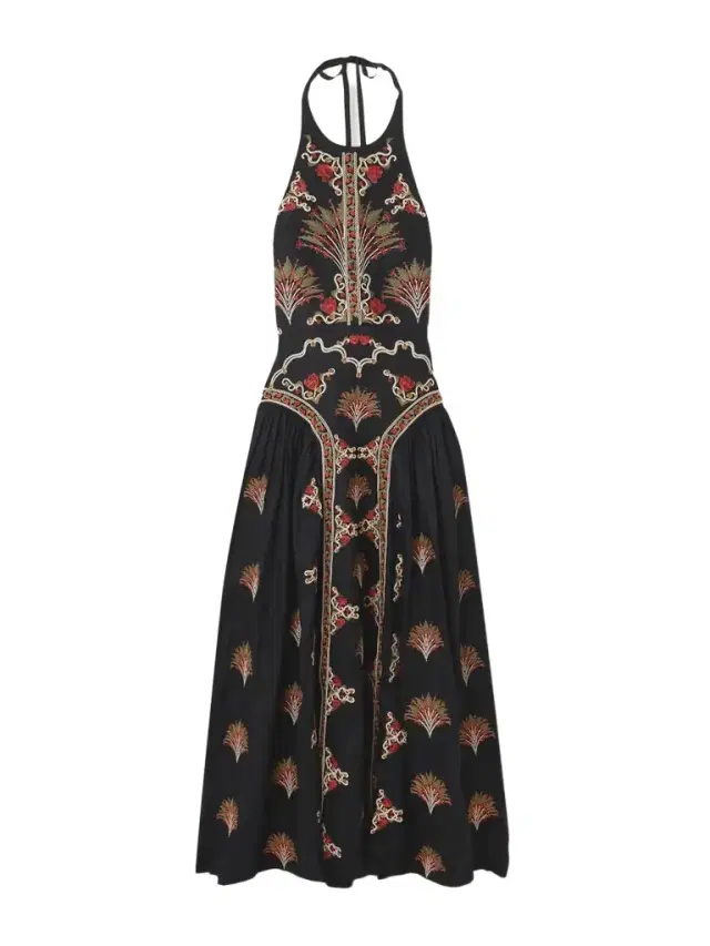 Balsa Pleated Embroidered Linen Halterneck Midi Dress