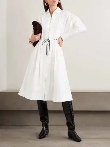 Staud Chi Belted Pleated Cotton-blend Poplin Midi Dress | Thumbnail 2 Staud Chi Belted Pleated Cotton-blend Poplin Midi Dress | Thumbnail 2