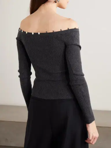Staud Keaton Off-the-shoulder Ribbed Cotton And Wool-blend Cardigan | Thumbnail 3 Staud Keaton Off-the-shoulder Ribbed Cotton And Wool-blend Cardigan | Thumbnail 3
