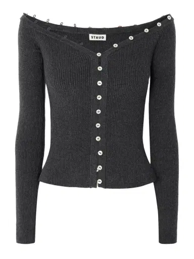 Staud Keaton Off-the-shoulder Ribbed Cotton And Wool-blend Cardigan | Thumbnail 1 Staud Keaton Off-the-shoulder Ribbed Cotton And Wool-blend Cardigan | Thumbnail 1