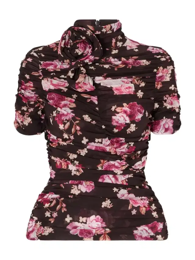 Ruched Floral-print Stretch-silk Mock-neck Top