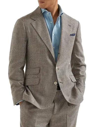 Brunello Cucinelli Men's Virgin Wool, Silk and Linen Prince of Wales Deconstructed Cavallo Blazer - Light Brown - Size 36 | Thumbnail 1 Brunello Cucinelli Men's Virgin Wool, Silk and Linen Prince of Wales Deconstructed Cavallo Blazer - Light Brown - Size 36 | Thumbnail 1