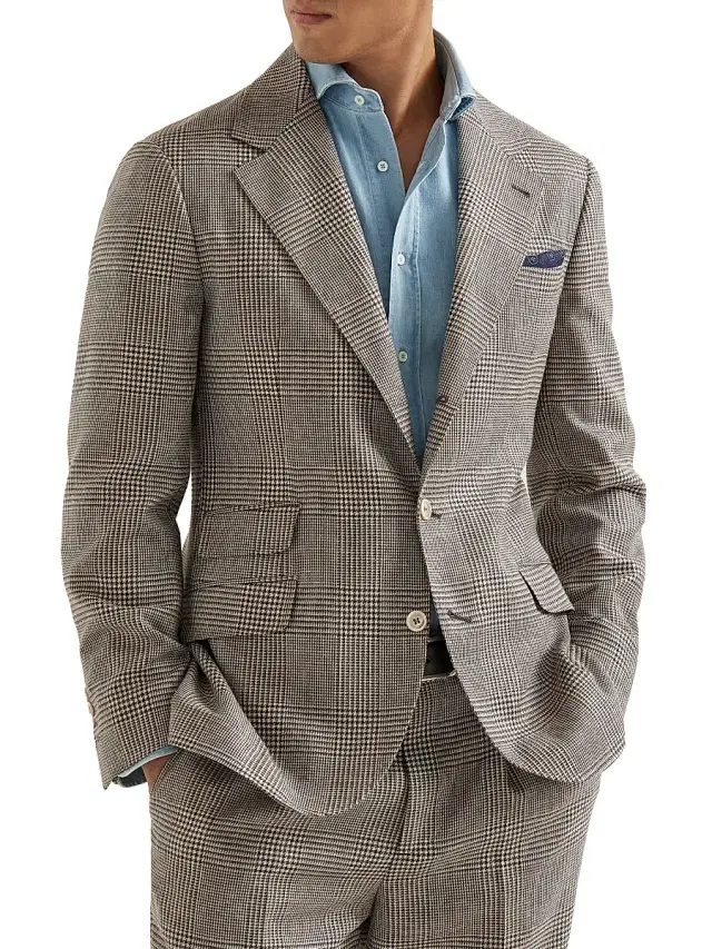 Brunello Cucinelli Men's Virgin Wool, Silk and Linen Prince of Wales Deconstructed Cavallo Blazer - Light Brown