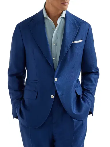 Brunello Cucinelli Men's Cashmere and Silk Diagonal Deconstructed Blazer with Peak Lapels - Avio Blue - Size 44 | Thumbnail 1 Brunello Cucinelli Men's Cashmere and Silk Diagonal Deconstructed Blazer with Peak Lapels - Avio Blue - Size 44 | Thumbnail 1