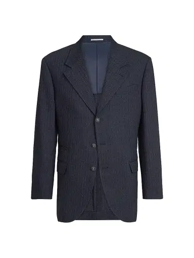 Brunello Cucinelli Men's Virgin Wool and Paper Fiber Chevron Tailor Blazer with Metal Buttons - Navy Blue - Size 48 | Thumbnail 2