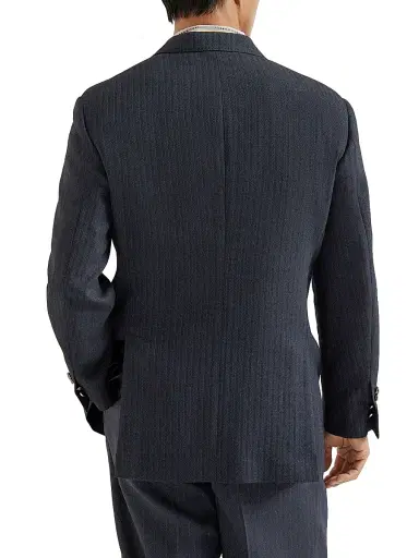 Brunello Cucinelli Men's Virgin Wool and Paper Fiber Chevron Tailor Blazer with Metal Buttons - Navy Blue - Size 48 | Thumbnail 3