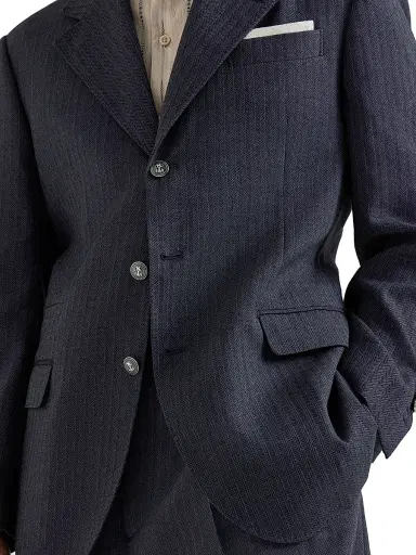 Brunello Cucinelli Men's Virgin Wool and Paper Fiber Chevron Tailor Blazer with Metal Buttons - Navy Blue - Size 48 | Thumbnail 4