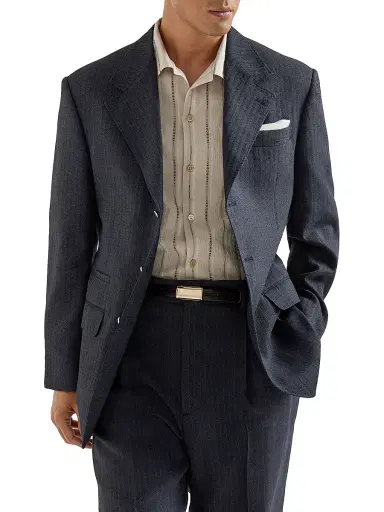 Brunello Cucinelli Men's Virgin Wool and Paper Fiber Chevron Tailor Blazer with Metal Buttons - Navy Blue - Size 48 | Thumbnail 5