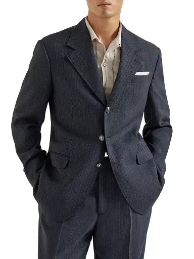 Brunello Cucinelli Men's Virgin Wool and Paper Fiber Chevron Tailor Blazer with Metal Buttons - Navy Blue - Size 48 | Thumbnail 1