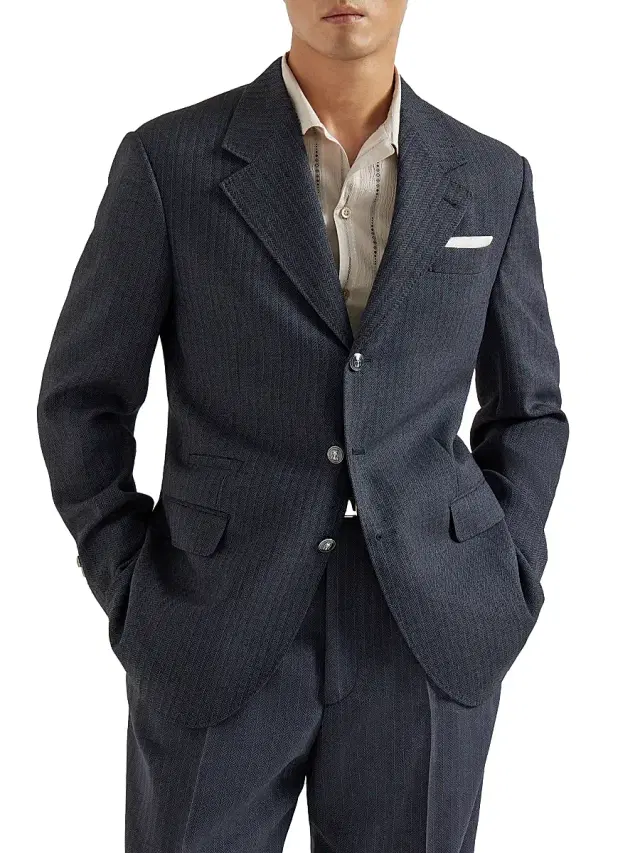 Brunello Cucinelli Men's Virgin Wool and Paper Fiber Chevron Tailor Blazer with Metal Buttons - Navy Blue