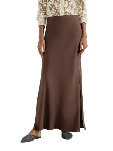 Brunello Cucinelli Women's Viscose and Linen Twill Fluid Bias Cut Skirt - Cocoa - Size 6 | Thumbnail 2