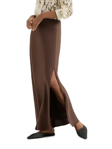 Brunello Cucinelli Women's Viscose and Linen Twill Fluid Bias Cut Skirt - Cocoa - Size 6 | Thumbnail 5