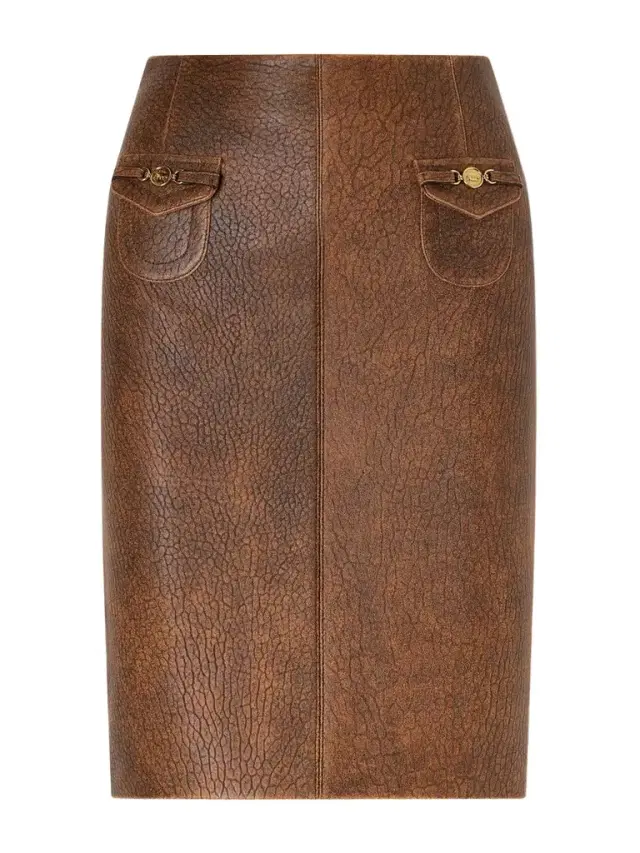 Horsebit-embellished Textured-leather Midi Skirt