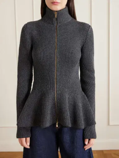 Alaïa Ribbed Wool And Cashmere-blend Peplum Zip-up Cardigan | Thumbnail 3 Alaïa Ribbed Wool And Cashmere-blend Peplum Zip-up Cardigan | Thumbnail 3