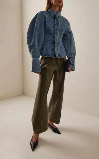 A.W.A.K.E. MODE Tie-Detailed Acid-Washed Denim Shirt | Thumbnail 2