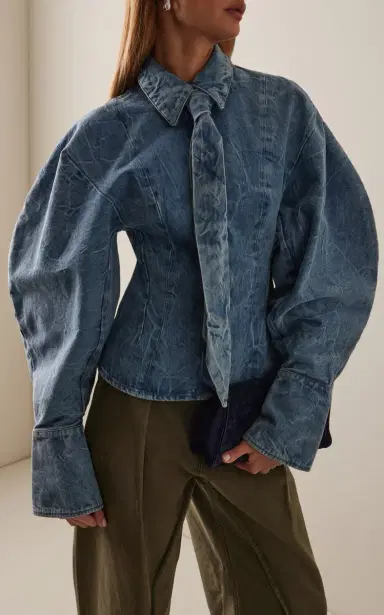 A.W.A.K.E. MODE Tie-Detailed Acid-Washed Denim Shirt | Thumbnail 3