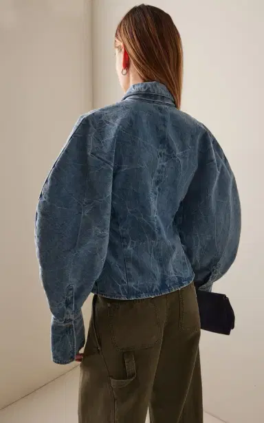 A.W.A.K.E. MODE Tie-Detailed Acid-Washed Denim Shirt | Thumbnail 4