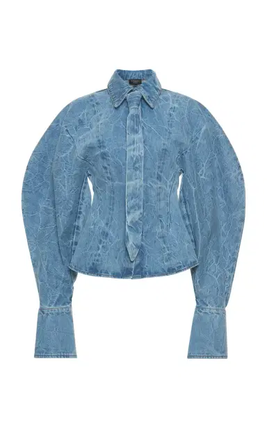 A.W.A.K.E. MODE Tie-Detailed Acid-Washed Denim Shirt | Thumbnail 1