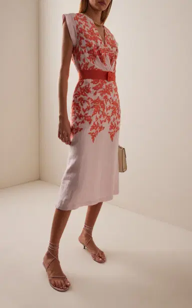 Silvia Tcherassi Olive Embroidered Cotton-Linen Midi Dress | Thumbnail 2 Silvia Tcherassi Olive Embroidered Cotton-Linen Midi Dress | Thumbnail 2