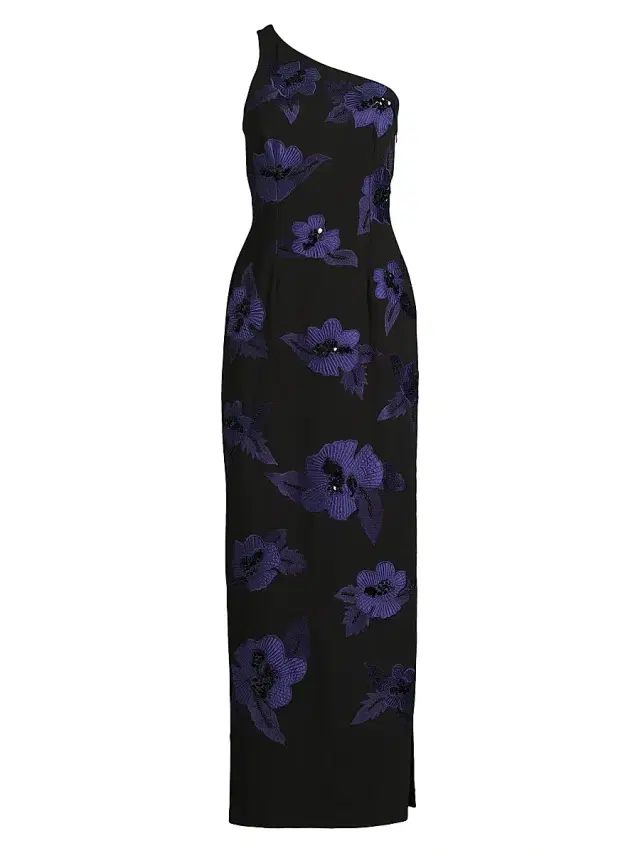 Women's Floral One-Shoulder Column Gown - Blue Multi