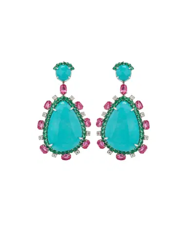 Wish Fine Jewelry 37ct Turquoise Diamond Emerald Tourmaline 14K Gold Drop Earrings | Thumbnail 1